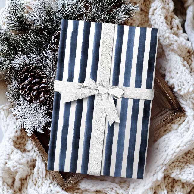 Papel De Regalo Boda acuática con rayas marinas (Watercolor navy stripes beach wedding wrapping paper)