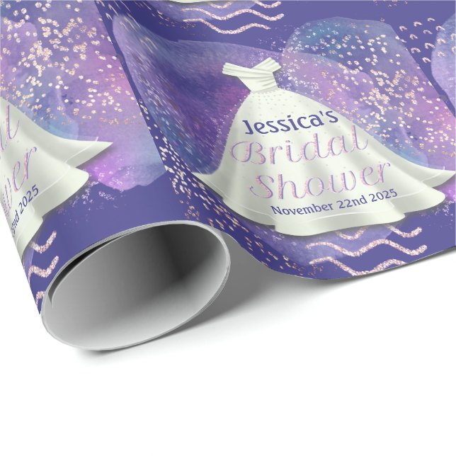 Papel De Regalo Boda Bridal Shower Gown Purple & Rosa Gold Glam (Esquina del rollo)