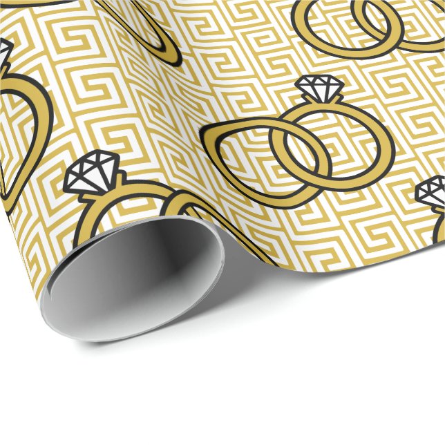 Papel De Regalo Boda con Compromiso de Llave Griega - Oro y Blanco (Esquina del rollo)