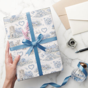 Papel De Regalo Boda de Aldea Inglesa Patrón Acuarela Azul