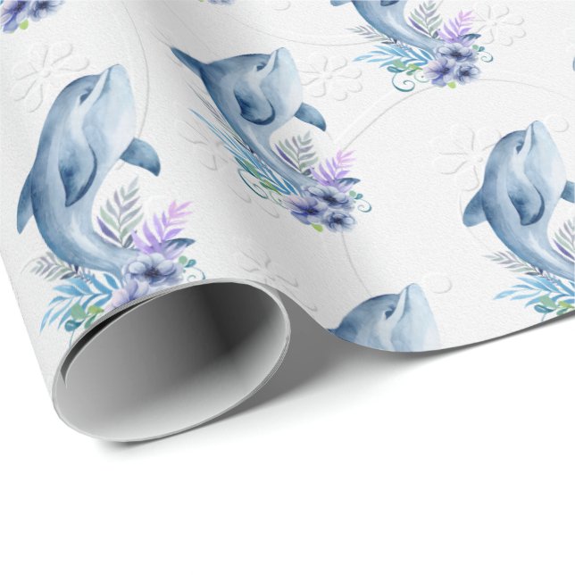 Papel De Regalo Boda De Delfines En Flores (Esquina del rollo)
