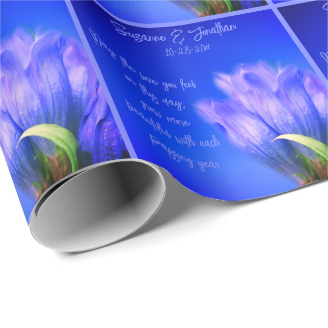 Papel De Regalo Boda de flores gentianas azules personalizado (Esquina del rollo)