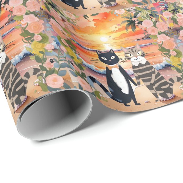 Papel De Regalo Boda de gatos con temática Novia y Playa Groom (Esquina del rollo)