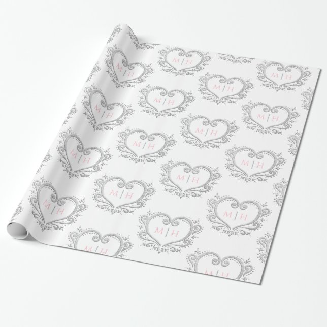 Papel De Regalo Boda de iniciales rosas blancas plateadas monogram (Desenrollado)