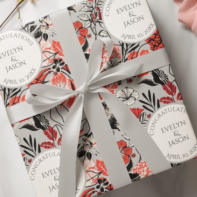 Papel De Regalo Boda de Nombres Florales Modernos (Elegant Congratulations Bold Floral Pattern in Taupe Gray, Red, Black for Wedding, Engagement Party)