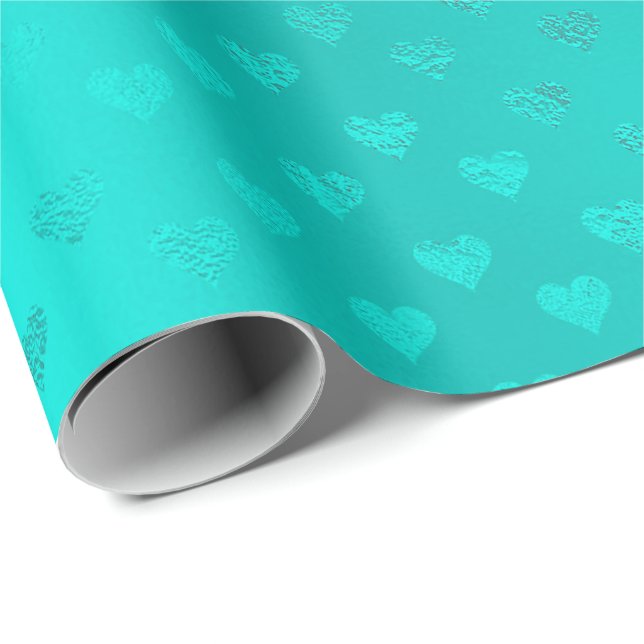 Papel De Regalo Boda de playa de Ocean Blue Aqua Metallic Hearts B (Esquina del rollo)