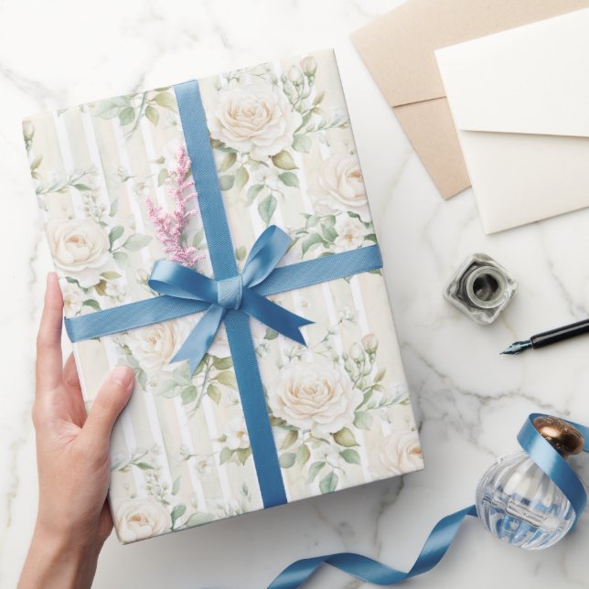 Papel De Regalo Boda de Rosas Blancas Románticas con Rayas Florale (Regalar)