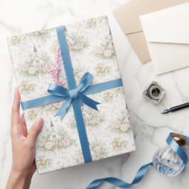 Papel De Regalo Boda elegante acuarela flores de iglesia anillos