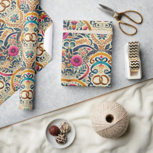 Papel De Regalo Boda elegante con tonos de joyas y anillos entrela