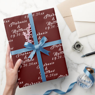 Papel De Regalo Boda Elegante de Borgona con Nombres de Novios