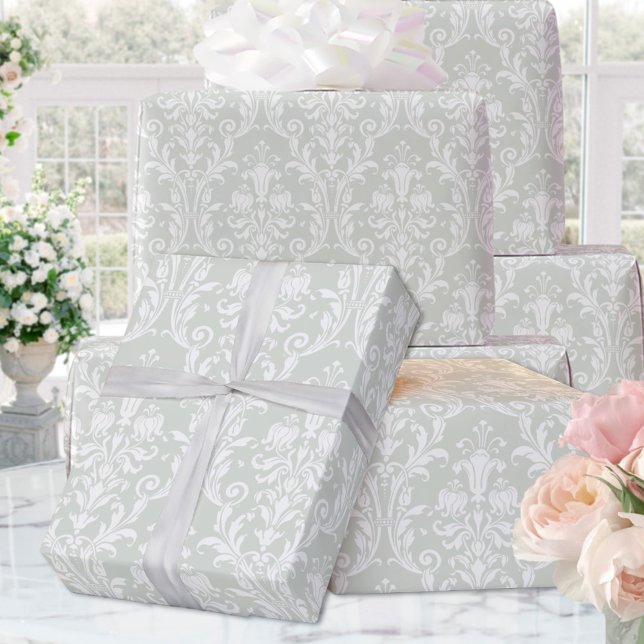 Papel De Regalo Boda elegante de Damasco Blanco Verde Plateado (Subido por el creador)