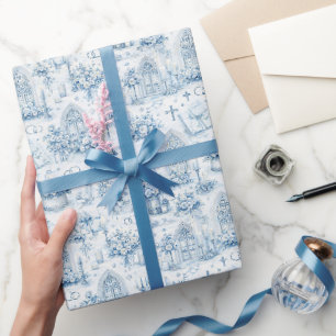 Papel De Regalo Boda en Iglesia Catedral Acuarela en Azul