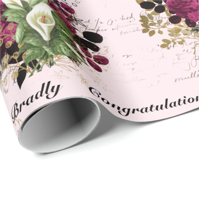 Papel De Regalo Boda Felicitaciones Añadir nombres Rosa Ephemera (Esquina del rollo)