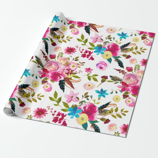 Papel De Regalo Boda floral boho chic acuarela (Desenrollado)