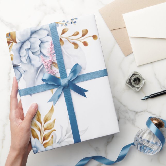 Papel De Regalo Boda Floral Dusty Blue White Gold (Regalar)