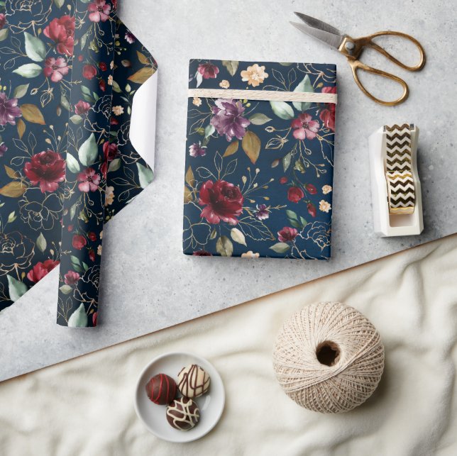 Papel De Regalo Boda floral Rubor azul de la Marina Borgoña (Artesanía)
