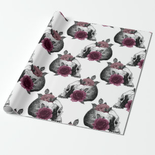 Papel De Regalo Boda Gótica Cráneos Florales Borgoña Caprichosa