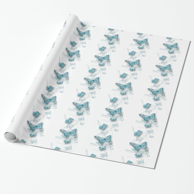 Papel De Regalo Boda mariposa azul blanco (Desenrollado)