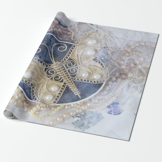Papel De Regalo Boda mariposa marrón blanco elegante de oro (Desenrollado)