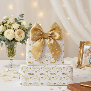 Papel De Regalo Boda Personalizada de Blanco y Dorado con Monogram