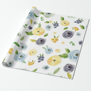 Papel De Regalo Boda subió acuarela amarilla azul del jardín de 