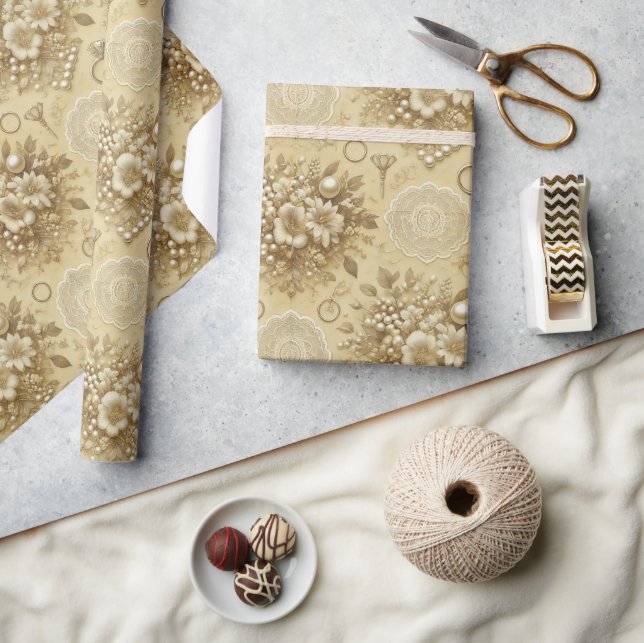 Papel De Regalo Boda Tradicional de Perlas Florales y Encaje (Artesanía)