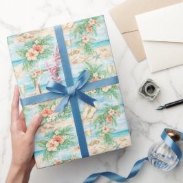 Papel De Regalo Boda Tropical Acuarela Hibisco Océano Anillos
