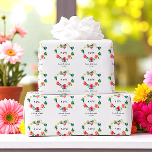 Papel De Regalo Boda Verde Rojo Corazón Floral