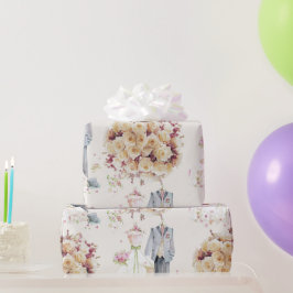 Papel De Regalo Boda Vintage - Ramo de Novia Rosa y Blanco