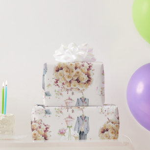 Papel De Regalo Boda Vintage - Ramo de Novia Rosa y Blanco