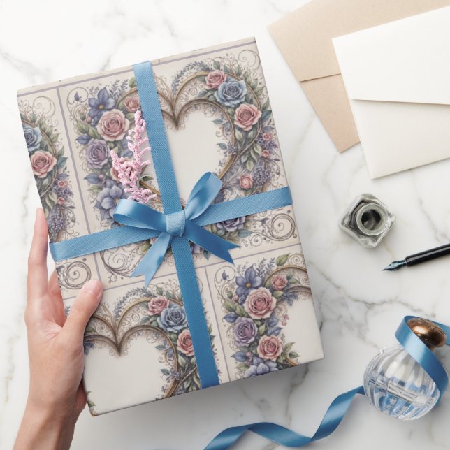 Papel De Regalo Bodas de caligrafía Corazones y Rosas (Regalar)