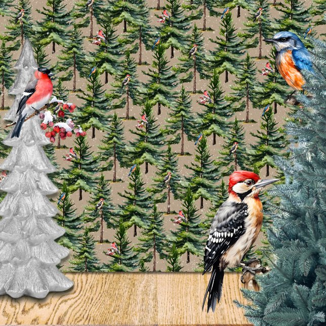 Papel De Regalo Bodega de Invierno Aves Forestales Primera Nave de (Winter Woodland Forest Birds First Snowfall Kraft Wrapping Paper Rolls in 6 feet and 15 feet rolls.)