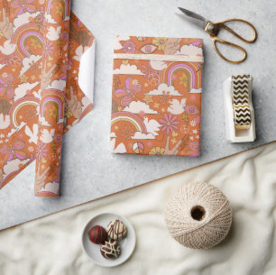 Papel De Regalo Bohemian, Naranja retro hippie de paz de Groovy 70