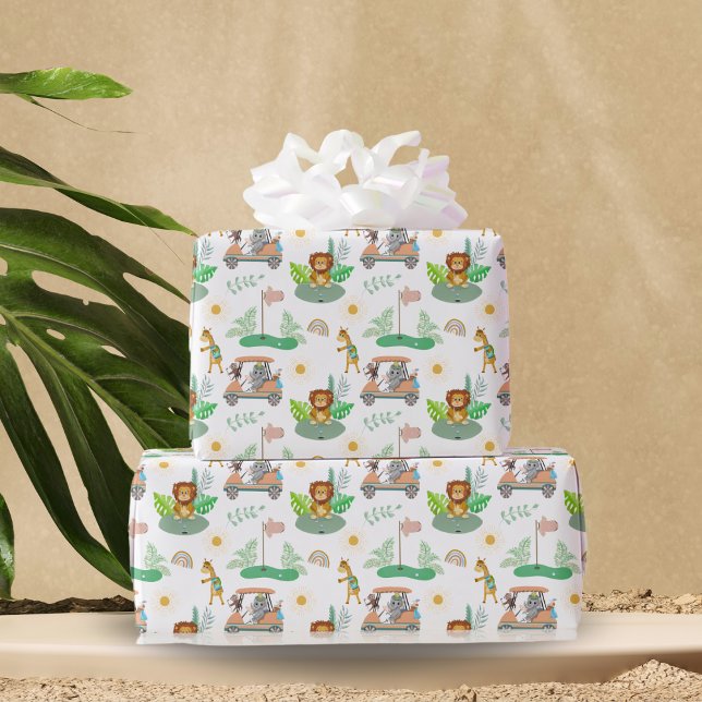 Papel De Regalo Boho Bebé Elefante, Mono, León Patrón de Golf para (Boho-themed baby shower wrapping paper: Swing into wild and playful vibes!)