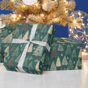 Papel De Regalo Boho Beige Green Christmas Trees Holiday