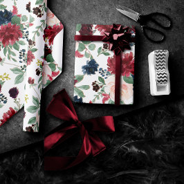 Papel De Regalo Boho Bloom | Patrón rojo y azul rústico de Borgoña