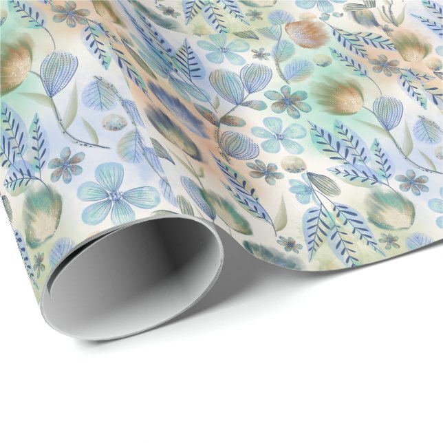 Papel De Regalo Boho Blue Green Whimsical Floral Botanical (Esquina del rollo)