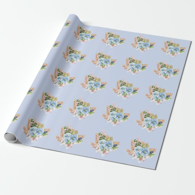 Papel De Regalo Boho Blue Pampass Groral Hey Boy Baby Shower (Desenrollado)