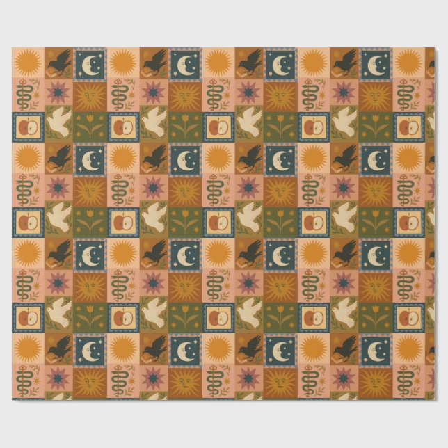 Papel De Regalo Boho Celestial | Sol y luna retro (Superficie plana)