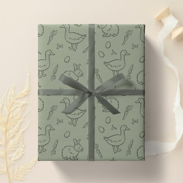 Papel De Regalo Boho Easter Bunny Rabbit Goose Spring Sage Green (Subido por el creador)