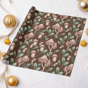 Papel De Regalo Boho Eucalyptus Forest Mushrooms Dark Brown