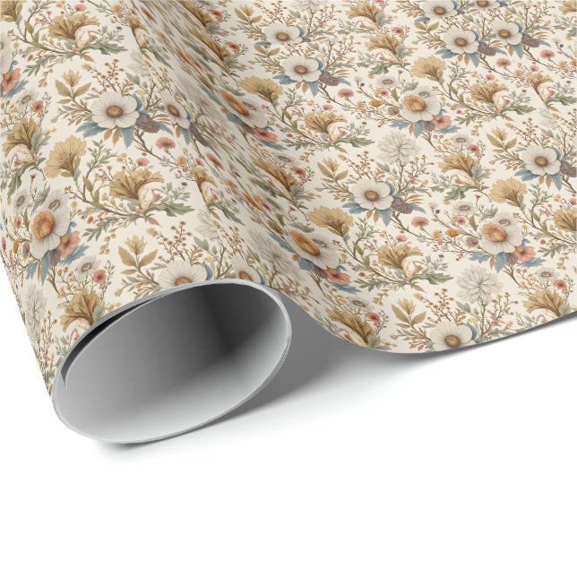 Papel De Regalo Boho Floral en Beige (Esquina del rollo)