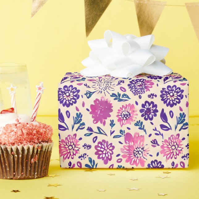 Papel De Regalo Boho Floral Púrpura Botánico (Fiesta de cumpleaños )