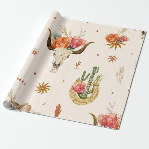 Papel De Regalo Boho Floral Rústico Cráneo de Vaca y Occidental