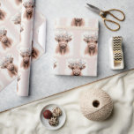 Papel De Regalo Boho Highland Cow Con Laurel De Flor<br><div class="desc">Cuidada acuarela vaca de montaña con laurel de flor de novia</div>