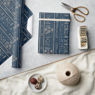 Papel De Regalo Boho Linear Mudcloth Clásico Índigo