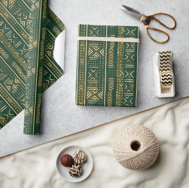 Papel De Regalo Boho Linear Mudcloth | Musgo de Bosque (Artesanía)