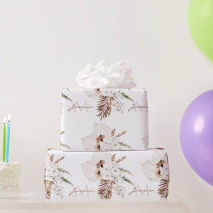 Papel De Regalo Boho Marrón Hierba de Pampas Orquídeas Blancas Mon