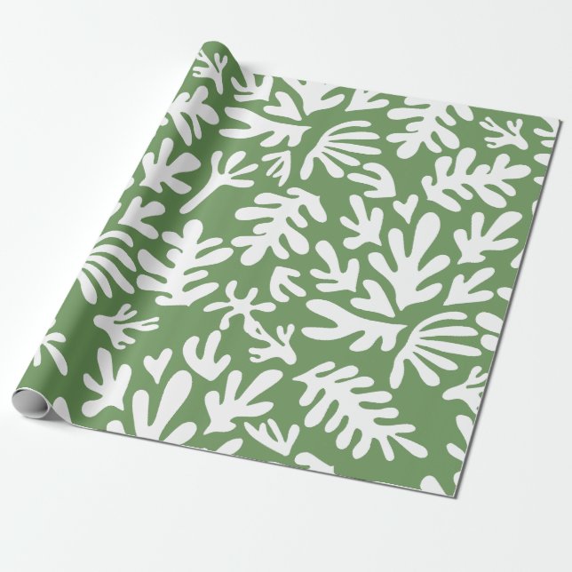 Papel De Regalo Boho Matisse Formas Botánicas Navidades Verdes Osc (Desenrollado)