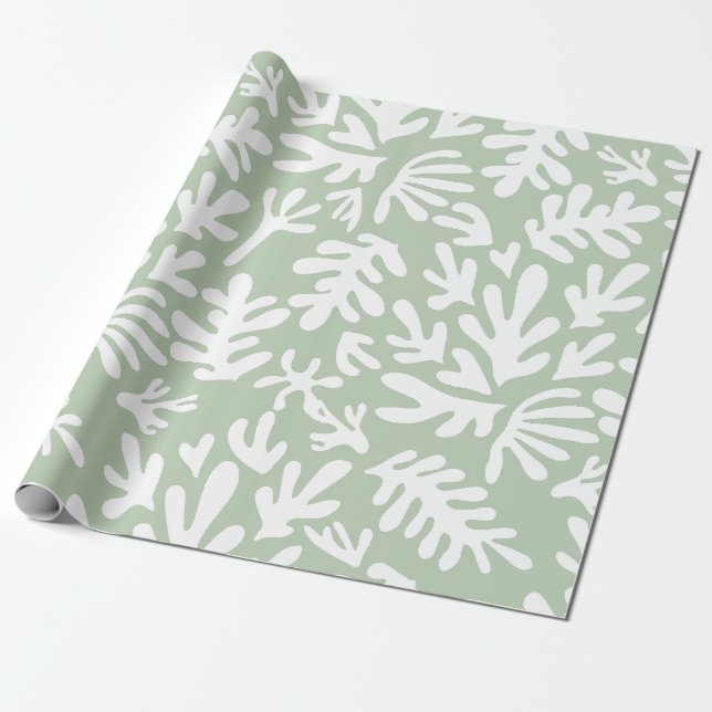 Papel De Regalo Boho Matisse Formas Botánicas Verde Menta Navidad (Desenrollado)